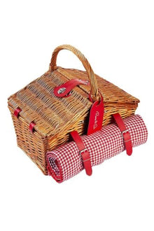 4 Person Handmade Wicker Picnic Basket Set Gingham Design with Insulated Compartment and water-resistant Blanket - Kahve rengi ve kırmızı