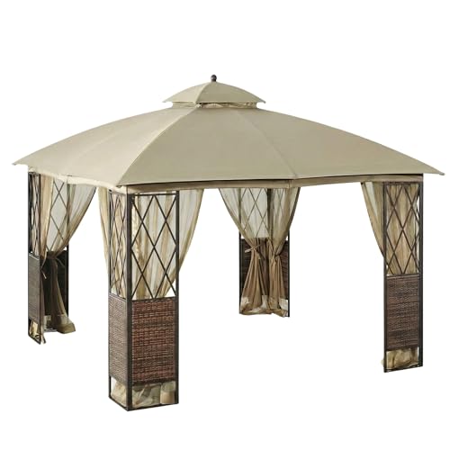 Garden Winds Reinforced RipLock 350 Replacement Canopy Top and Netting Set Compatible with EG Wicker 10’ x 10’ Gazebo Model GF-16S097B - Beige
