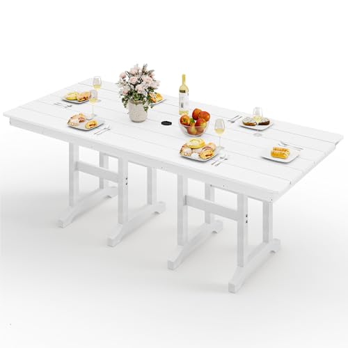 YITAHOME HDPE Patio Dining Table for 6, 71" Outdoor Dining Table w/Max Bearing 165 LBS, All Weather Rectangular Patio Table w/1.57" Umbrella Hole for Backyard Garden Lawn, White