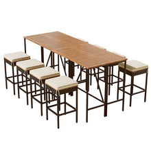 Merax 10-Piece Outdoor Bar Table and Chairs Set for 8, Acacia Wood PE Rattan Wicker Table and 4 Bar Height Stools with Cushions, Foldable Tabletop, Dining Bistro Set All-Weather Patio Furniture, Brown