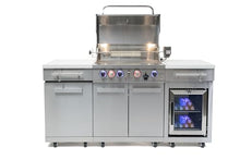 Mont Alpi Premium 70"W x 24"D x 46"H Stainless Steel Outdoor Kitchen Island with Refrigerator + 32"W 4-Burner BBQ Grill + Accessory Bundle - Natural Gas Conversion Kit + Griddle Plate + Charcoal Tray
