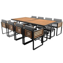 Merax 18-Piece Patio Dining Set for 16 People, Acacia Wood Outdoor Furniture Sets with 2 Square Tables, 8 Cushioned Chairs and 8 Ottomans for Backyard, Garden, Lawn, Poolside, Space Saving Design,Gray