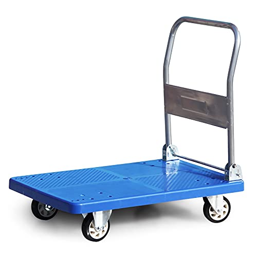QTBH Flatbed cart Folding Platform Truck Foldable Push Cart Thickened Plastic Deck Metal Handle and Silent Wheels 360 Degree Moving for Indoor Outdoor Hand Platform Truck Foldable Push Hand Cart