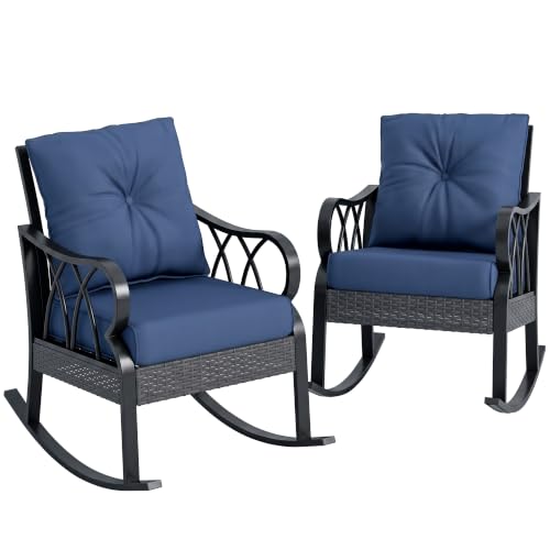 Outsunny 2 Piece Outdoor Wicker Rocking Chair Padded Cushions Aluminum Blue