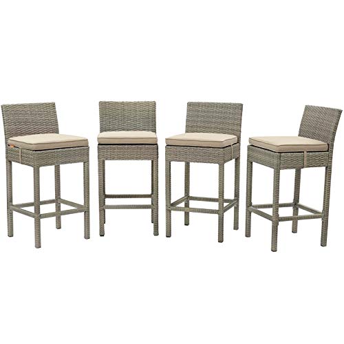 Contemporary Outdoor Patio Garden Bar Side Stool Chair, Set of Four, Fabric Rattan Wicker, Beige