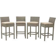 Contemporary Outdoor Patio Garden Bar Side Stool Chair, Set of Four, Fabric Rattan Wicker, Beige