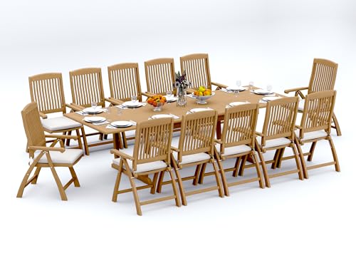 WholesaleTeak 12 Seats 13 Pcs Grade-A Teak Wood Dining Set: 118" Double Extension Mas Rectangle Trestle Leg Table and 12 Marley Folding Reclining Arm Chairs #11MR2512