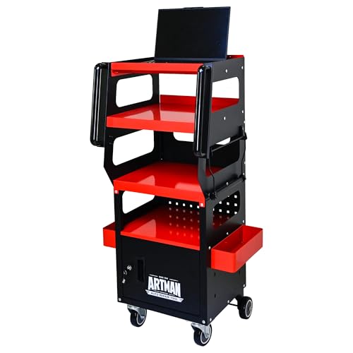 Mobile auto Repair Tool cart, Specialized Tool cart for Multi-Functional partitioned auto Repair Shops, securely Storing laptops, Program Batteries, and Parts