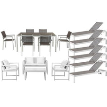 Pemberly Row 17-Piece Modern Aluminum Patio Sofa Set, White/Gray Finish, Includes Dining Table, 6 Dining Chairs, 6 Loungers, Sofa, 2 Sofa Chairs, and Coffee Table, Outdoor Rust-Resistant Furniture