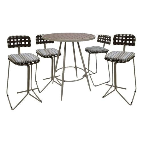 Pemberly Row Outdoor/Indoor Metal Pub Set, 30" Bar Height Stool, Beige UV-Coated Frame, Beige Weather-Resistant Fabric, Powder-Coated Durable Welded Metal, Patio Deck Porch Seating