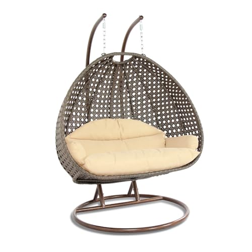 LeisureMod 2-Person Wicker Egg Chair, Cream, Beige Steel Stand