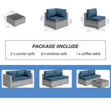 7 Piece Outdoor Patio Furniture Set with Silver PE Rattan, Navy Blue