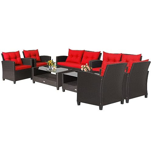 YWMLFZ 8 PCS Patio Rattan Furniture Set Glass Table Shelf Sofa Cushion Red