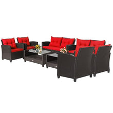 YWMLFZ 8 PCS Patio Rattan Furniture Set Glass Table Shelf Sofa Cushion Red