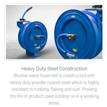 BLUSEAL BSWR5850 Retractable Hose Reel with 5/8" x 50' Hot Water Rubber Hose, 6' Lead-in, 500 PSI, Brass Fittings, Swivel Mount Hose Reel, 9 Pattern Spray Nozzle