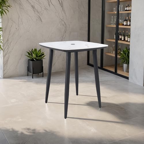 Seeheool Modern Square Outdoor Bistro Table with Metal Frame, Umbrella Hole for Patio Backyard Garden Pool Porch Lawn 35.4" x 35.4" x 41.7" Ember Black,Greek White Marble-Inspired Sintered Stone