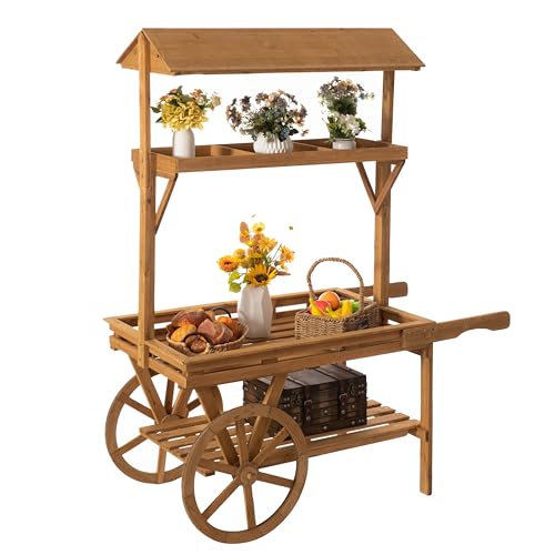 Vintiquewise Wooden 3 Tier Rolling Table Cart With 2 Wheels for Home Decor, Display Rack, Lemonade stand, Food Stand, or Tea Stall