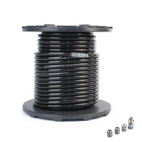 Sewer Jetter Hose & 4 Nozzles 3/8in.x 200ft. 4400 PSI & 9.0 Orifice Stainless Steel DLX Thruster Flusher Degreaser Spinner