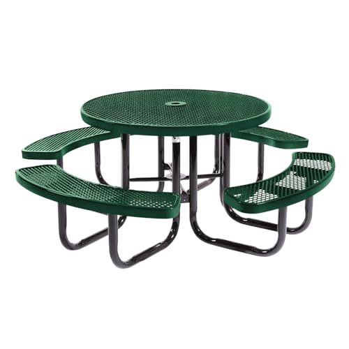 Coated Outdoor Furniture Heavy-Duty Portable Outdoor Picnic Table with Umbrella Hole, Expanded Metal Commercial-Grade Patio Dining Furniture Made in America (46" Round Top, Textured Green)