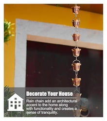XHsghSEG rain Chain, Copper Downspout Adjustable Length & Cups Multiple Sizes for Villa Deck Pergola(2.4 m (7.8ft))