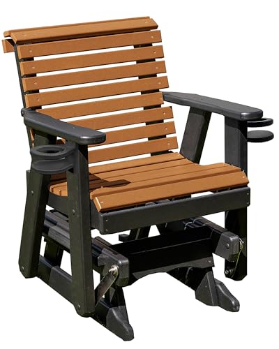 Amish Craftsmanship Made in USA 2FT Heavy Duty Poly Lumber Wood Porch Patio Glider HDPE with No wood fibers Lancaster Series Rollback design 500 lbs Limit With Cupholders Cedar on Black