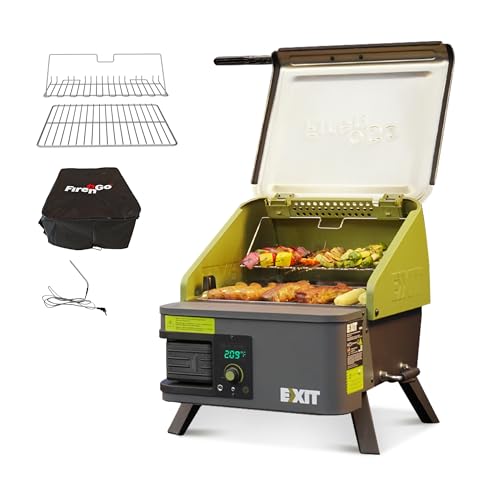EXIT Fire'n'Go 20V Portable Wood Pellet Grill Smoker, Electric Tabletop Pellet Smoker, 287 Sq.In. Cooking Area, Temperature Control (160-500°F) Outdoor BBQ Grill for Camping, Tailgating, RV, EX110