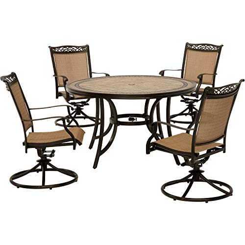 Hanover Fontana 5-Piece Outdoor Dining Set with 4 Sling Swivel Rocker Chairs and 51" Round Tile-Top Table Tan