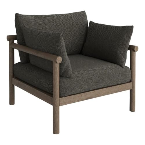 Modway Eleni Outdoor Teak Wood Armchair in Weathered Gray Flint – Patio Lounge Chair with Sunproof Foam Cushions