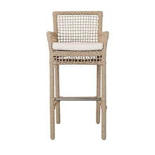 Benzara 31 Inch Outdoor Bar Stool Chair, Rope Woven, Ivory Olefin Fabric Seat, Brown