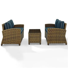 Pemberly Row 3-Piece Wicker Patio Sofa Set, Weathered Brown Resin Wicker, Navy Cushion Covers, Steel Frame, Tempered Glass Table, Outdoor Furniture for Patio or Garden, 121" x 55" x 32.5"
