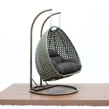 LeisureMod 2-Person Wicker Egg Chair, Hanging Swing Chair for Indoor & Outdoor Use with Cushions, Beige Steel Stand, UV-Resistant, Hammock Lounge Seat for Patio, Porch, or Bedroom (Dark Grey)
