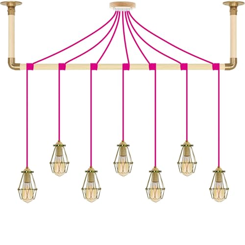 Pink and Brass Hinge Cage Pendant Light Wrapped Natural Wood and Brass Ceiling Bracket - Hangout Lighting - 7 Pendants