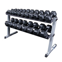 Fitness Factory Rubber Coat Hex Dumbbell Set 5-50 lb with Heavy Duty 2-Tier Storage Rack Black