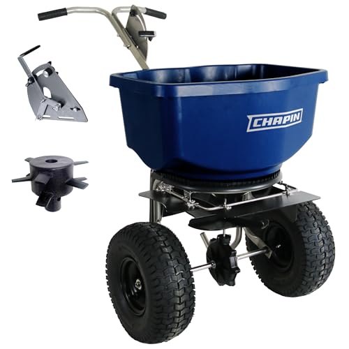CHAPIN USA 82400B Made in the USA 100-pound Professional Rock Salt and Ice Melt Walk Behind Spreader, Baffles, 14" Tires, T Handle, Stainless Steel Frame, Enclosed Gear Box, Blue