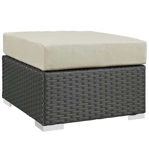 Hawthorne Collections Outdoor Patio Square Ottoman, Canvas Antique Beige Finish, Sunbrella Fabric Cushions, Synthetic Rattan, Powder-Coated Aluminum Frame, Water & UV Resistant, 25 x 25 x 17.5 in