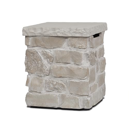 Real Flame Scottsdale Propane Tank Cover for Outdoor Gas Fire Pits, Storage Hideaway Side Table for 20 Pound Propane Tank, Natural Stacked Stone-Like Finish in Beige