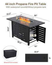 Hipicute 44" Outdoor Propane Fire Pit Table, 48,000 Btu Lp Gas Rectangular Fire Table with Ignition Systems and Lid,Outdoor Firetable with Glass Rocks for Patio Deck Garden Backyard