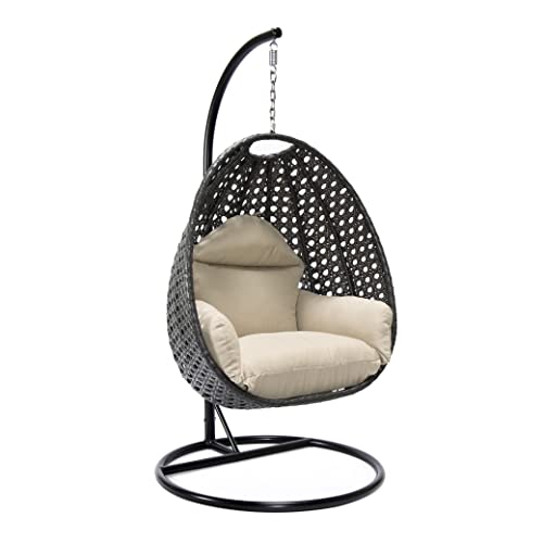 LeisureMod Charcoal Wicker Rattan Hanging Egg Swing Chair for Indoor Outdoor Bedroom Patio with Stand and Cushion (Beige)