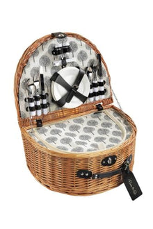 4-Person Handwoven Wicker Picnic Basket Set with Tree Pattern, Includes Plates, Glasses, Cutlery, Napkins, and Water-Resistant Blanket - Oval Shape - Kahve rengi ve Beyaz