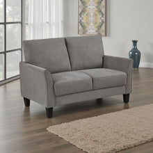 Benzara Xumo Loveseat, Taupe Gray Fabric, 56 Inch, Black Tapered Wood Legs