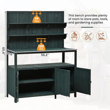 Potting Bench with Hutch, 50.2" Solid Fir Wood Garden Workstation, Large Countertop, 2 Shelves, 2 Cabinets, 3 Side Hooks, Outdoor Planting Table for Gardening, Forest Green