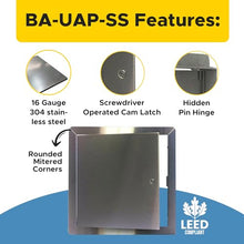 Best 24" x 24" Universal Access Panel with Flange, 16-Gauge 304 Stainless Steel Access Door for Non-Rated Wall/Ceiling, LEED Compliant Panel with Hidden Pin Hinge, Screwdriver Latch, BA-UAP-SS-FBA