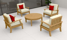 WholesaleTeak Teak Wood 5 Pc Lounge Chair Set: 4 Lounge Chairs & Round Coffee Table with Cushions in Outdoor Fabric #5404 Canvas Natural