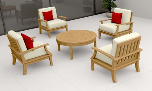 WholesaleTeakFurniture Somer 5 Piece Teak Wood Lounge Chair Set: 4 Lounge Chairs & Round Coffee Table with Cushions in Outdoor Sunbrella Fabric #5404 Canvas Natural