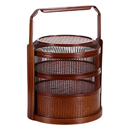 MNSRRN Handmade Bamboo Basket, Three-Layer Retro Food Box Multi-Layer Delivery Basket Picnic Basket,Brown