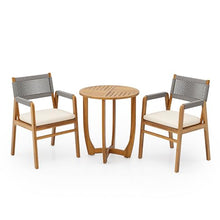 Merax 3-Piece Acacia Wood Outdoor Bistro Set for 2, Grey Rope Back Chairs with Cushions & Slat Top Table, Patio Bistro Table and Chairs Set Dining Set, Teak