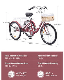 Viribus Adult Tricycle 7 Speed 24" Red