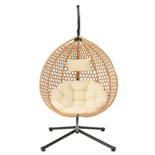 GDFStudio Hammock Chair with Stand, Rattan Weave Hanging Egg Chair with Cushion, Iron Frame Swing Ceiling Chair for Indoor Outdoor Patio Balcony Porch Garden, Patio Furniture, 330lbs, Brown+Beige
