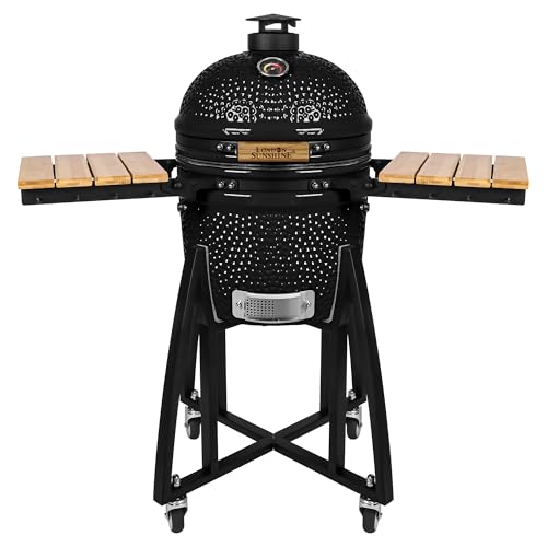London Sunshine 15-inch Ceramic Kamado Charcoal BBQ Grill & Smoker with Locking Casters, Foldable Side Shelves, Stainless Steel Grates, and Tall Stand (Black)
