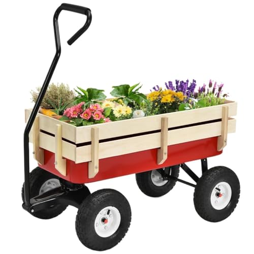 Outdoor Garden Cart Heavy Duty Utility Wagon Garden Dump Cart with Removable Wooden Side for Lawn Camping